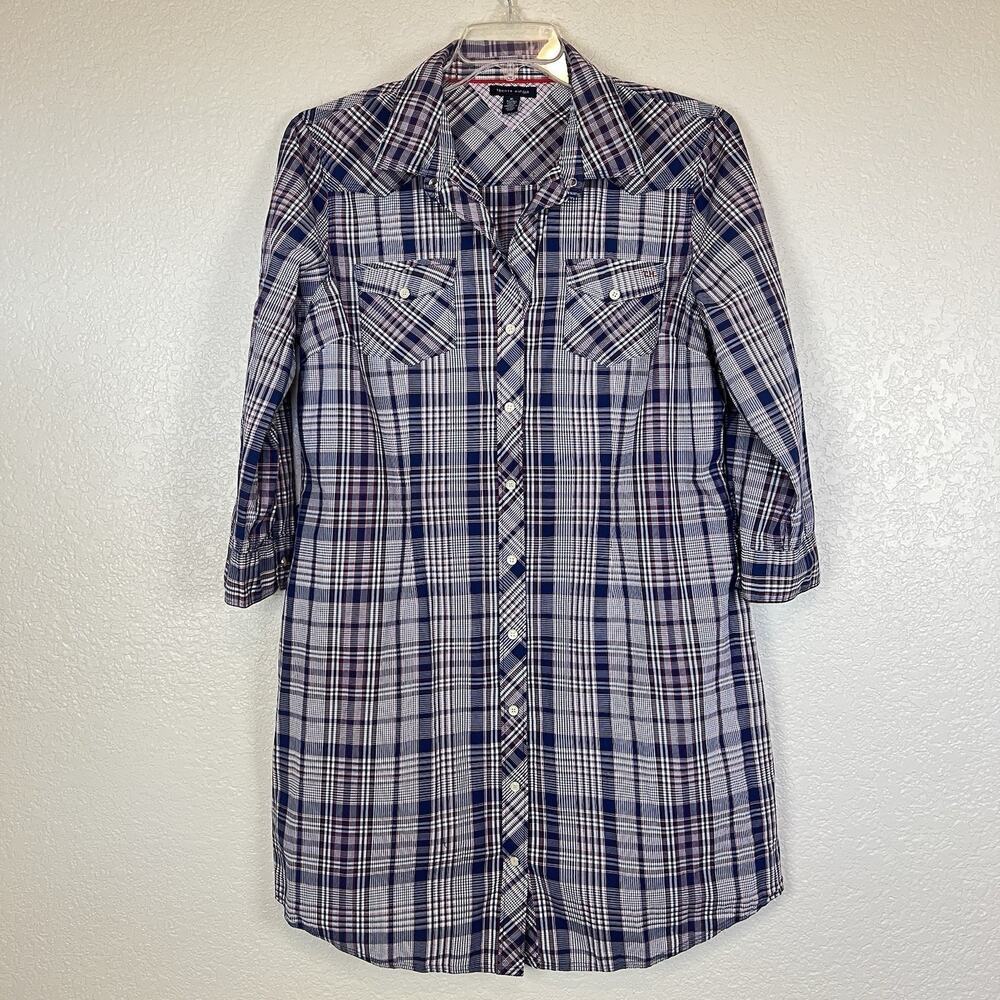 Tommy Hilfiger Snap Button Down Blue Plaid Roll Tab Sleeve Western Shirtdress XL